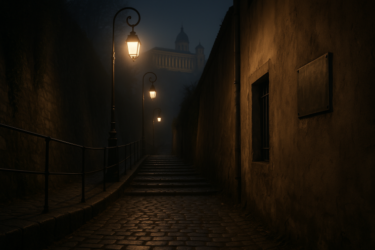 Vue nocturne et sobre d’une montée pavée menant vers un ancien palais de justice, avec une plaque commémorative visible sur un mur, sans personnages reconnaissables.