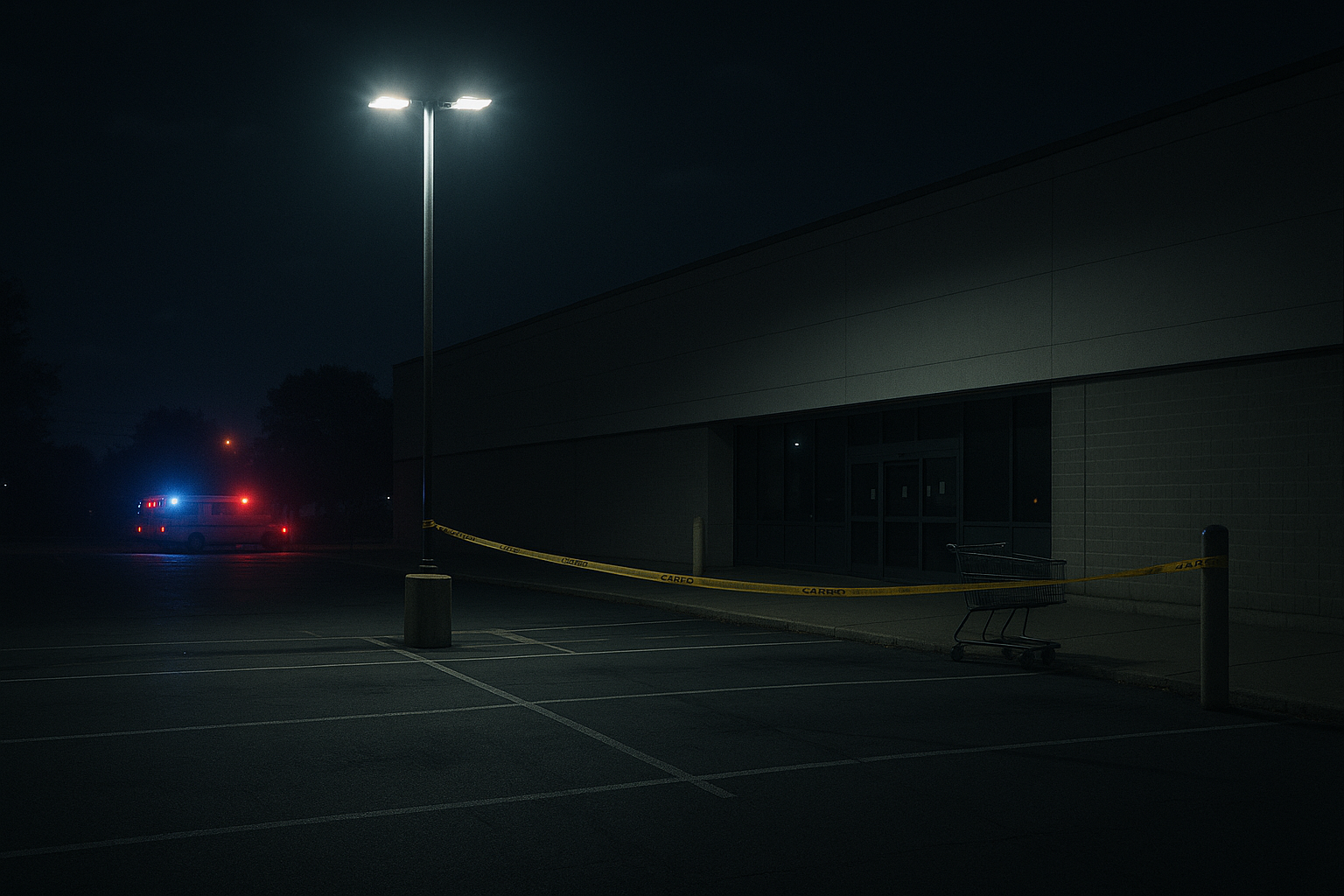 Parking nocturne d'un supermarché à Chassieu, éclairage public, ruban de sécurité et feux de secours en arrière-plan, ambiance sombre et respectueuse