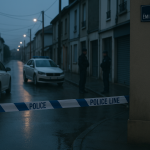 Rue Émile‑Zola à Saint‑Fons au petit matin, cordon de sécurité et silhouettes de policiers floutées