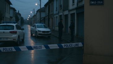 Rue Émile‑Zola à Saint‑Fons au petit matin, cordon de sécurité et silhouettes de policiers floutées