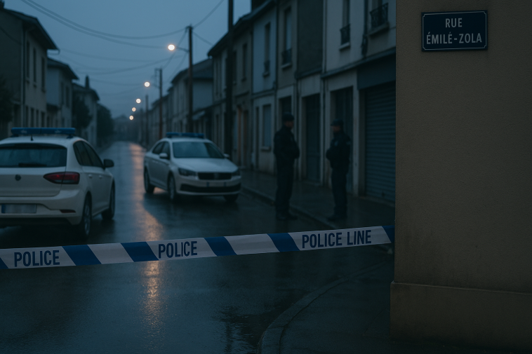 Rue Émile‑Zola à Saint‑Fons au petit matin, cordon de sécurité et silhouettes de policiers floutées