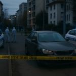 Périmètre de sécurité avec véhicules de police et rubalise sur une rue urbaine la nuit, sans visages reconnaissables