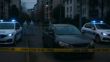Périmètre de sécurité avec véhicules de police et rubalise sur une rue urbaine la nuit, sans visages reconnaissables
