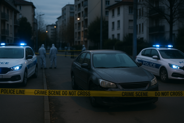 Périmètre de sécurité avec véhicules de police et rubalise sur une rue urbaine la nuit, sans visages reconnaissables