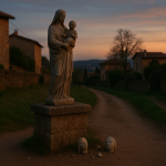 Statue de la Vierge décapitée gisant près du socle sur le chemin de la Péronière à Poleymieux‑au‑Mont‑d'Or