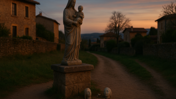 Statue de la Vierge décapitée gisant près du socle sur le chemin de la Péronière à Poleymieux‑au‑Mont‑d'Or