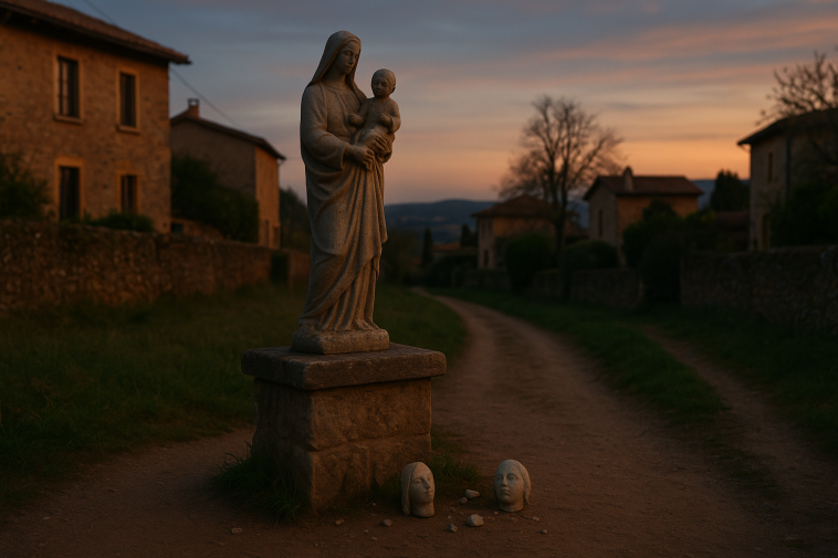 Statue de la Vierge décapitée gisant près du socle sur le chemin de la Péronière à Poleymieux‑au‑Mont‑d'Or