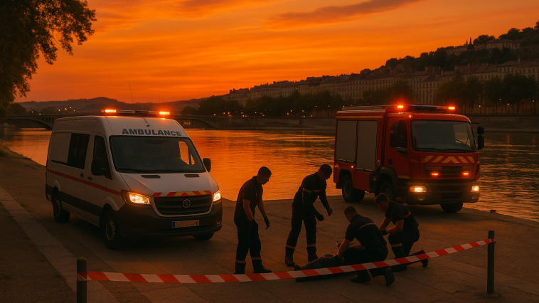 Berges du Rhône à la tombée du jour avec véhicules de secours et rubalise, scène neutre et respectueuse
