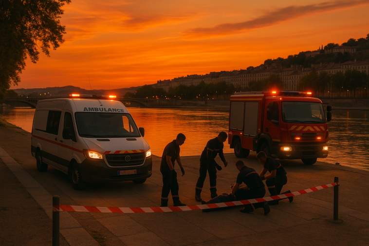 Berges du Rhône à la tombée du jour avec véhicules de secours et rubalise, scène neutre et respectueuse
