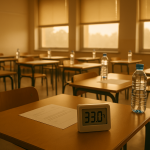 EN DIRECT — Canicule : des oraux du bac reportés localement dans cinq académies Salle d'examen vide avec un thermomètre numérique indiquant une température élevée, bouteilles d'eau posées sur des tables, lumière estivale filtrée par des stores