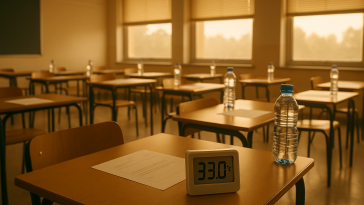 Salle d'examen vide avec un thermomètre numérique indiquant une température élevée, bouteilles d'eau posées sur des tables, lumière estivale filtrée par des stores
