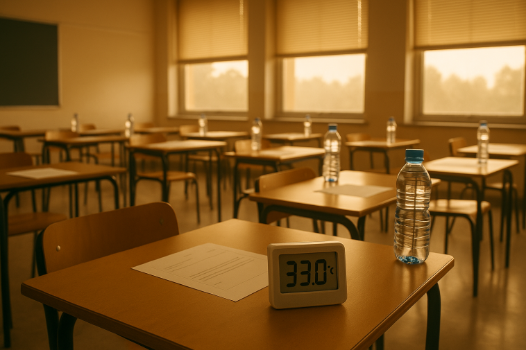Salle d'examen vide avec un thermomètre numérique indiquant une température élevée, bouteilles d'eau posées sur des tables, lumière estivale filtrée par des stores