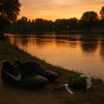 Mort de Kenzo Kies : un jeune espoir du football emporté par une noyade près de Lyon Bords du Rhône au crépuscule avec une paire de crampons de football posée sur une berge, sans visage identifiable