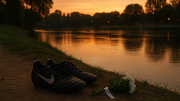 Bords du Rhône au crépuscule avec une paire de crampons de football posée sur une berge, sans visage identifiable