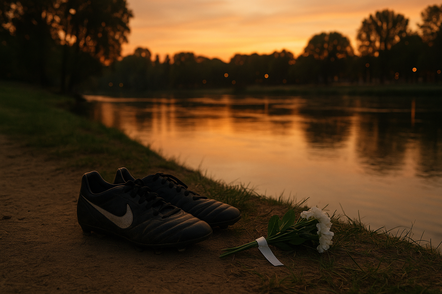 Bords du Rhône au crépuscule avec une paire de crampons de football posée sur une berge, sans visage identifiable