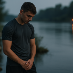 Jeune footballeur générique debout près d’un cours d’eau, regard bas, ton sobre