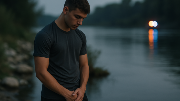 Jeune footballeur générique debout près d’un cours d’eau, regard bas, ton sobre