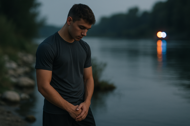 Jeune footballeur générique debout près d’un cours d’eau, regard bas, ton sobre
