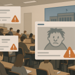 Intérieur d’un amphithéâtre universitaire vide, avec des silhouettes floues et des fenêtres de réseaux sociaux superposées représentant une controverse en ligne