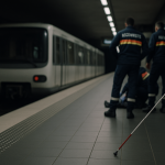 Quai de métro lyonnais vide avec bandes podotactiles, canne blanche posée au sol et silhouettes indistinctes de secouristes en arrière-plan