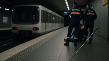 Quai de métro lyonnais vide avec bandes podotactiles, canne blanche posée au sol et silhouettes indistinctes de secouristes en arrière-plan