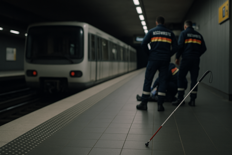 Quai de métro lyonnais vide avec bandes podotactiles, canne blanche posée au sol et silhouettes indistinctes de secouristes en arrière-plan