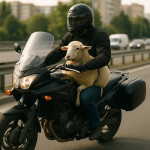 Motorcycle with a live sheep secured on the fuel tank, on an urban ring road, rider wearing helmet, daytime, no identifiable faces
