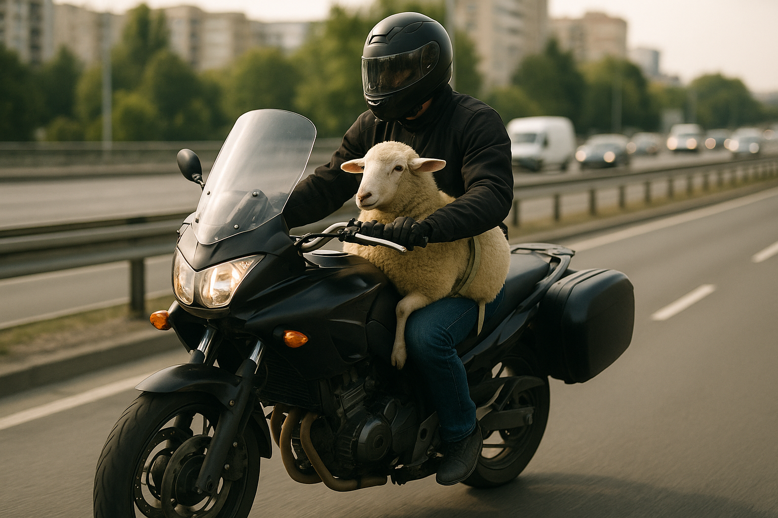 Motorcycle with a live sheep secured on the fuel tank, on an urban ring road, rider wearing helmet, daytime, no identifiable faces