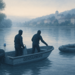 Bateau de secours et plongeurs près des berges calmes de la Saône à l’aube, scène neutre sans personnes reconnaissables