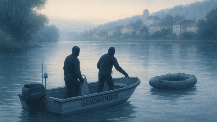 Bateau de secours et plongeurs près des berges calmes de la Saône à l’aube, scène neutre sans personnes reconnaissables