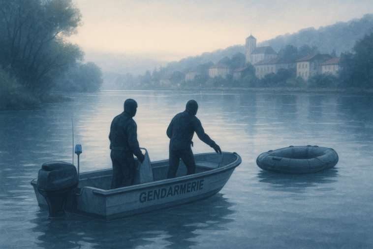 Bateau de secours et plongeurs près des berges calmes de la Saône à l’aube, scène neutre sans personnes reconnaissables