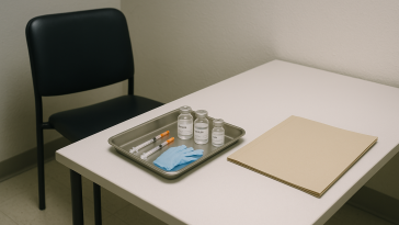 Salle d'attente d'un cabinet médical simple avec matériel d'injection rangé sur une table stérile, sans présence de personnes