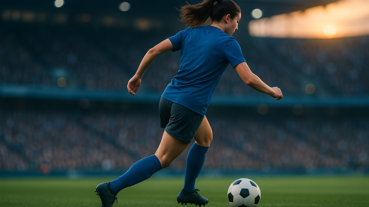 Vue arrière d’une joueuse de football dribblant vers un but vide, maillot bleu sans logo, stade flou en arrière-plan