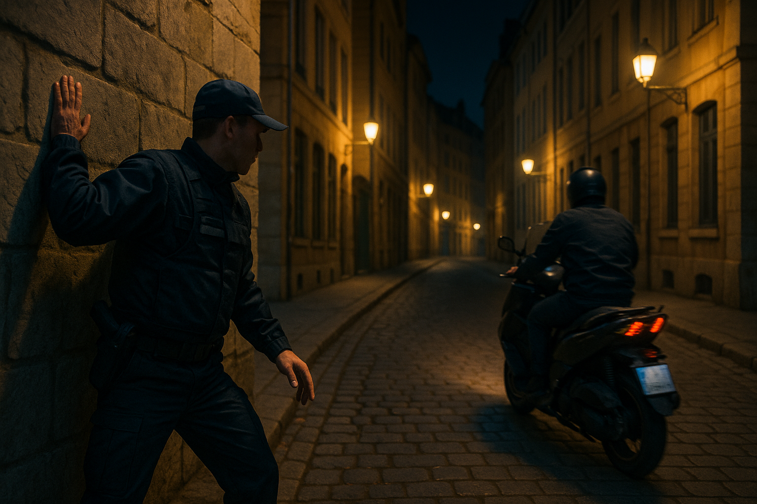 Scène de nuit à Lyon : un policier face à un scooter, visages floutés, éclairage urbain