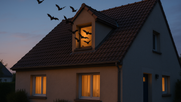 Toit de maison de banlieue au crépuscule, silhouettes de chauves‑souris en vol à l’entrée d’un comble, sans personnes visibles