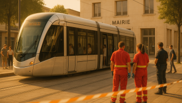 Rame de tramway à l'arrêt sous une forte chaleur, intervention de secours sans visages identifiables